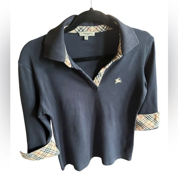 Burberry Navy Long Sleeve Polo Shirt with Plaid Accents size XXL runs Small - Picture 1 of 8